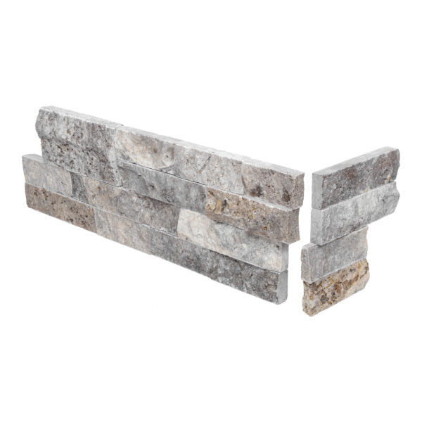 Titanium Natural Cleft Face, Gauged Back Travertine Ledgestone Corner - 6" x 6" & 6" x 18"