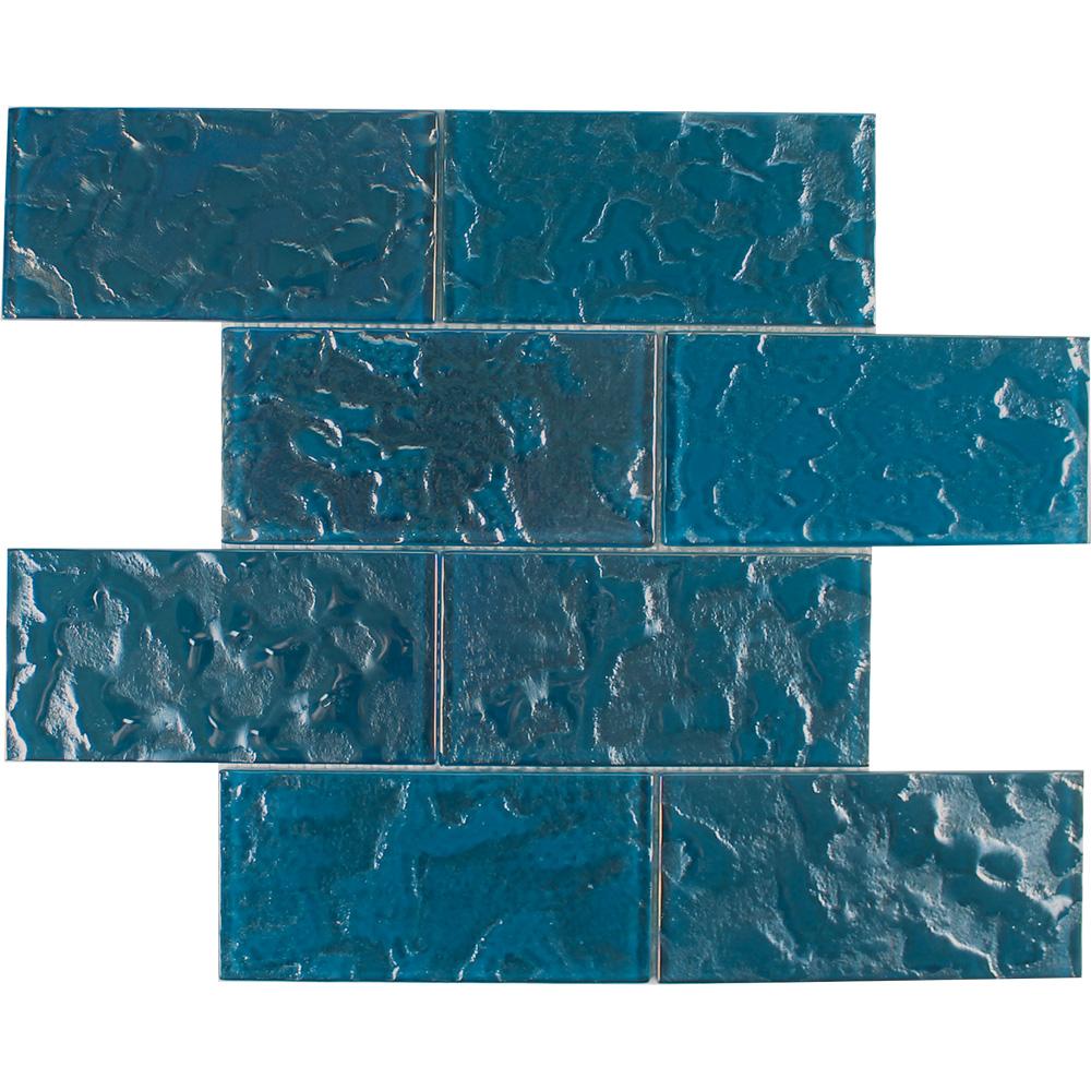 Full Sheet Sample - Aquatica Lightwaves Turquoise Brick Glass Mosaic - 3" x 6" Textured