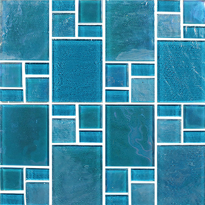 Full Sheet Sample - Aquatica Piazza Turquoise Deco Block Random Glass Mosaic - 11.75" x 11.75" Textured