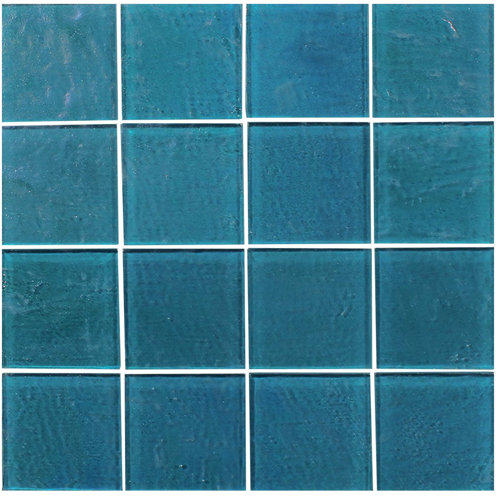 Full Sheet Sample - Aquatica Piazza Turquoise Deco Glass Mosaic - 3" x 3" Textured