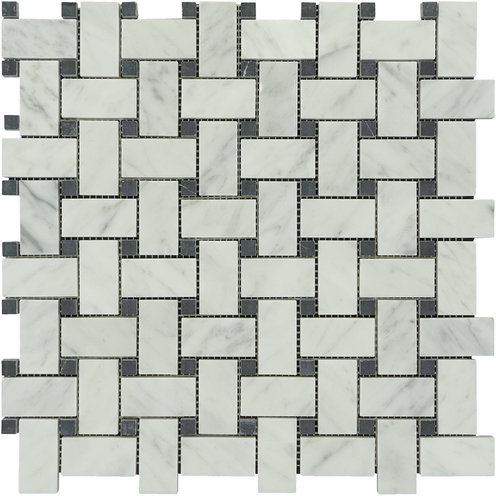 White Carrara Marble Mosaic - Basket Weave with Black Dots Polished