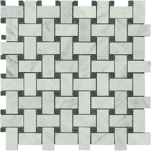 White Carrara Marble Mosaic - Basket Weave with Black Dots Polished