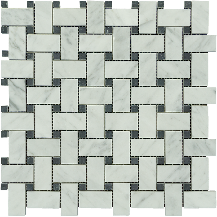 White Carrara Marble Mosaic - Basket Weave with Black Dots Polished