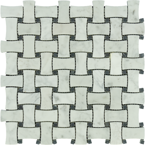 White Carrara Marble Mosaic - Dogbone Basket Weave with Black Dots Polished