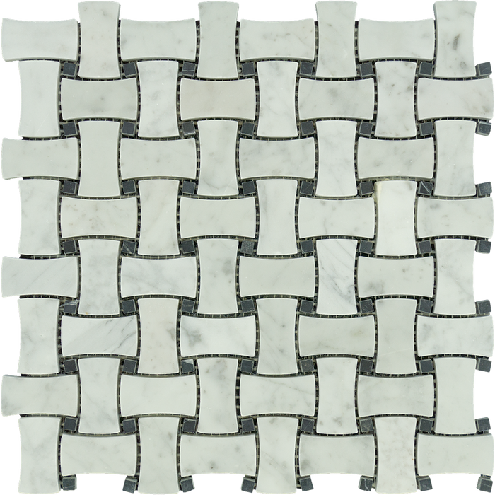 White Carrara Marble Mosaic - Dogbone Basket Weave with Black Dots Polished