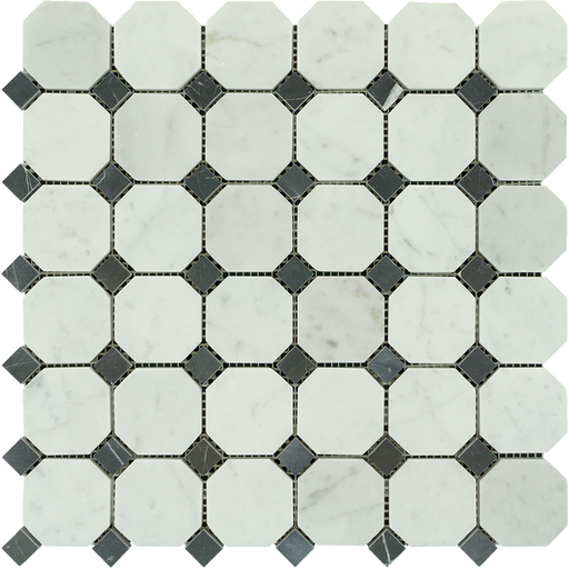 White Carrara Marble Mosaic - Octagon with Black Dots Polished