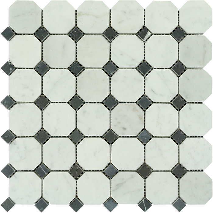 White Carrara Marble Mosaic - Octagon with Black Dots Polished