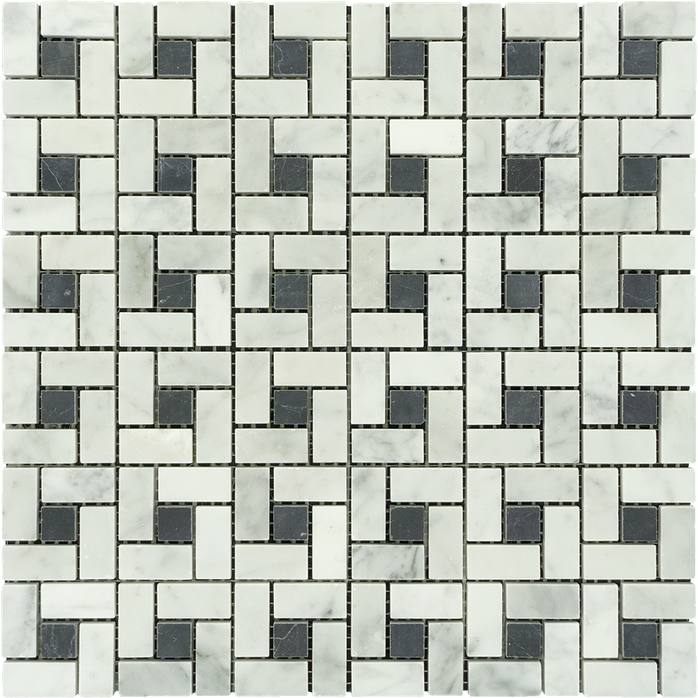 White Carrara Marble Mosaic - 5/8" x 1 1/4" Pinwheel with Black Dots Polished
