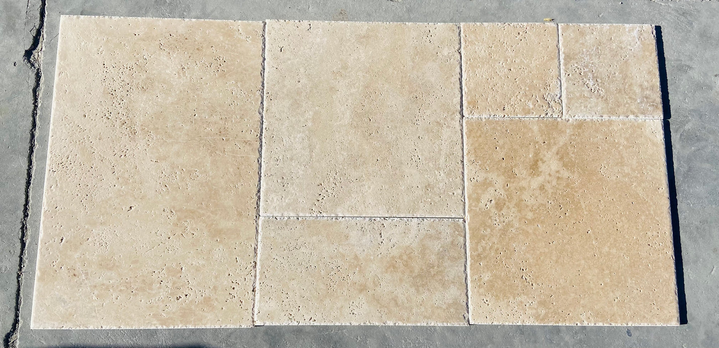 Walnut Unfilled, Chiseled & Brushed Travertine Versailles Pattern