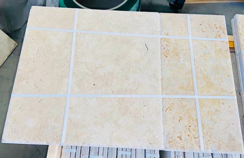 Walnut Travertine Unfilled, Chiseled & Brushed Versailles Pattern