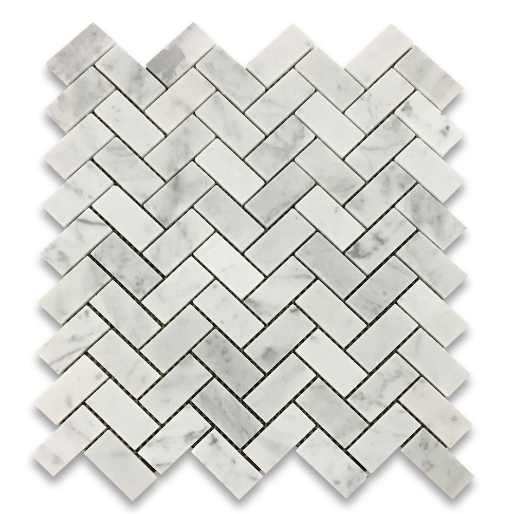 White Carrara Marble Mosaic - 1" x 2" Herringbone Polished