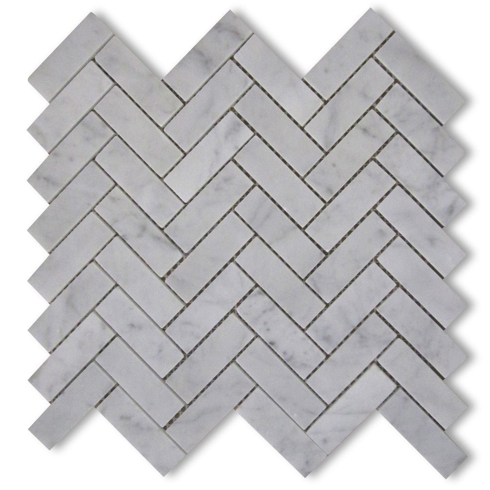 White Carrara Marble Mosaic - 1" x 3" Herringbone Polished