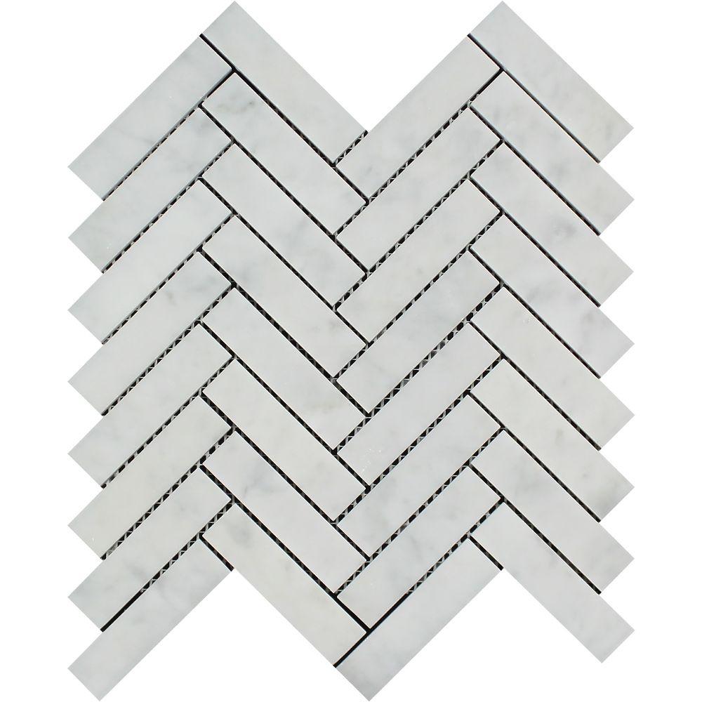 White Carrara Marble Mosaic - 1" x 4" Herringbone Polished