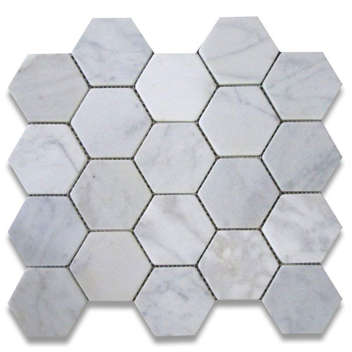 White Carrara Marble Mosaic - 3" Hexagon Tumbled