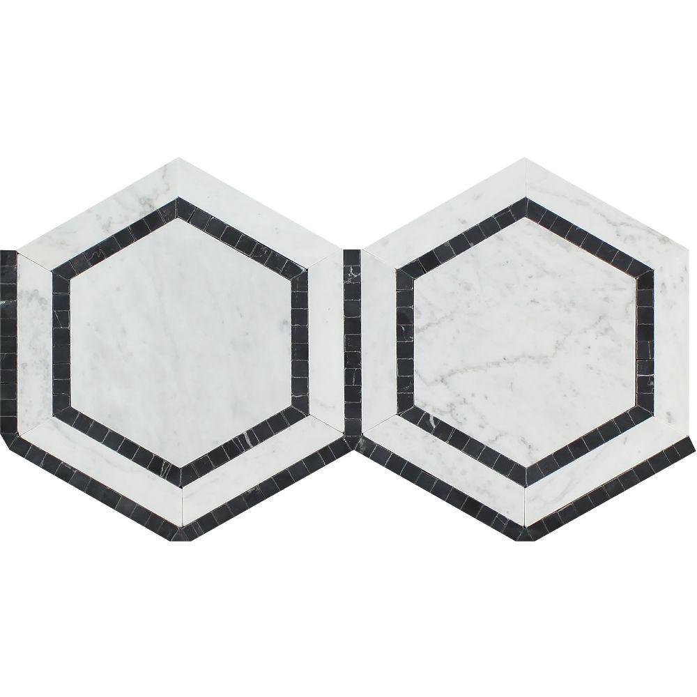 White Carrara Marble Mosaic - 5" Hexagon with Black Polished