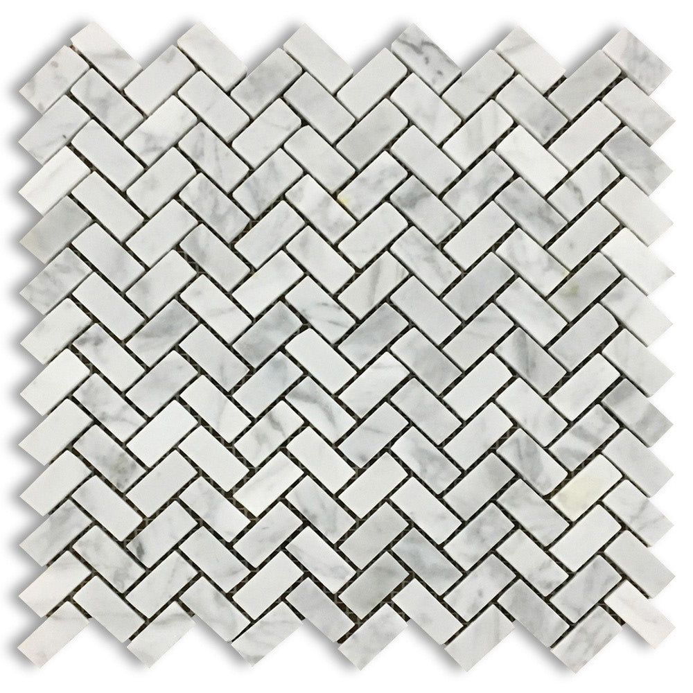 White Carrara Marble Mosaic - 5/8" x 1 1/4" Mini Herringbone Polished