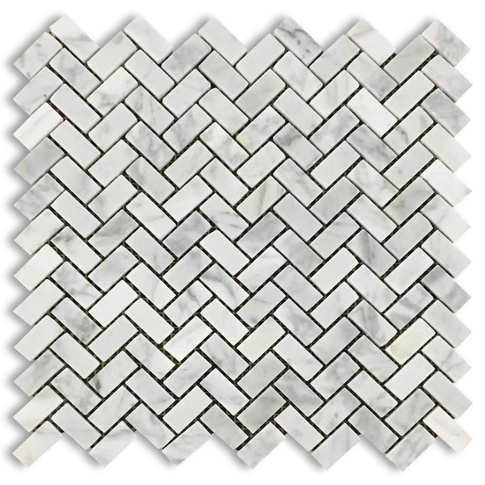 White Carrara Marble Mosaic - 5/8" x 1 1/4" Mini Herringbone Polished