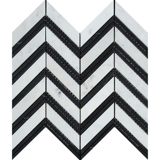 White Carrara Marble Mosaic - Large Chevron with Black Polished