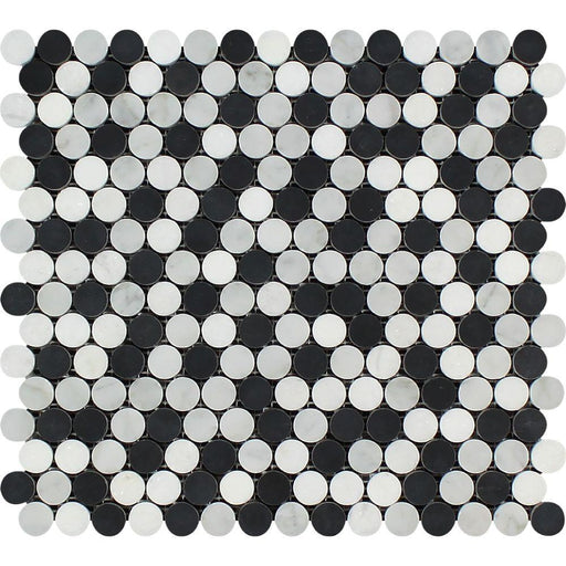 White Carrara Marble Mosaic - Penny Round with Black & Thassos Polished