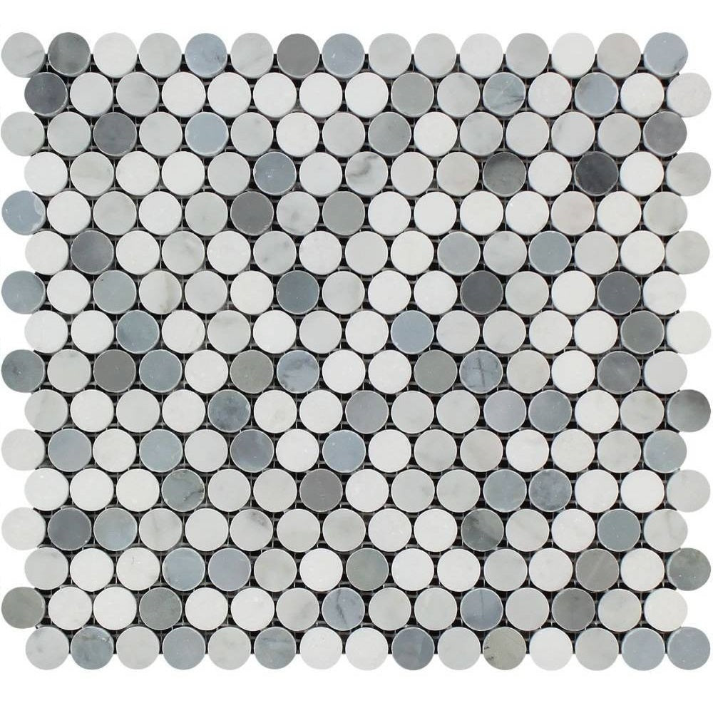 White Carrara Marble Mosaic - Penny Round Gray & Thassos Polished