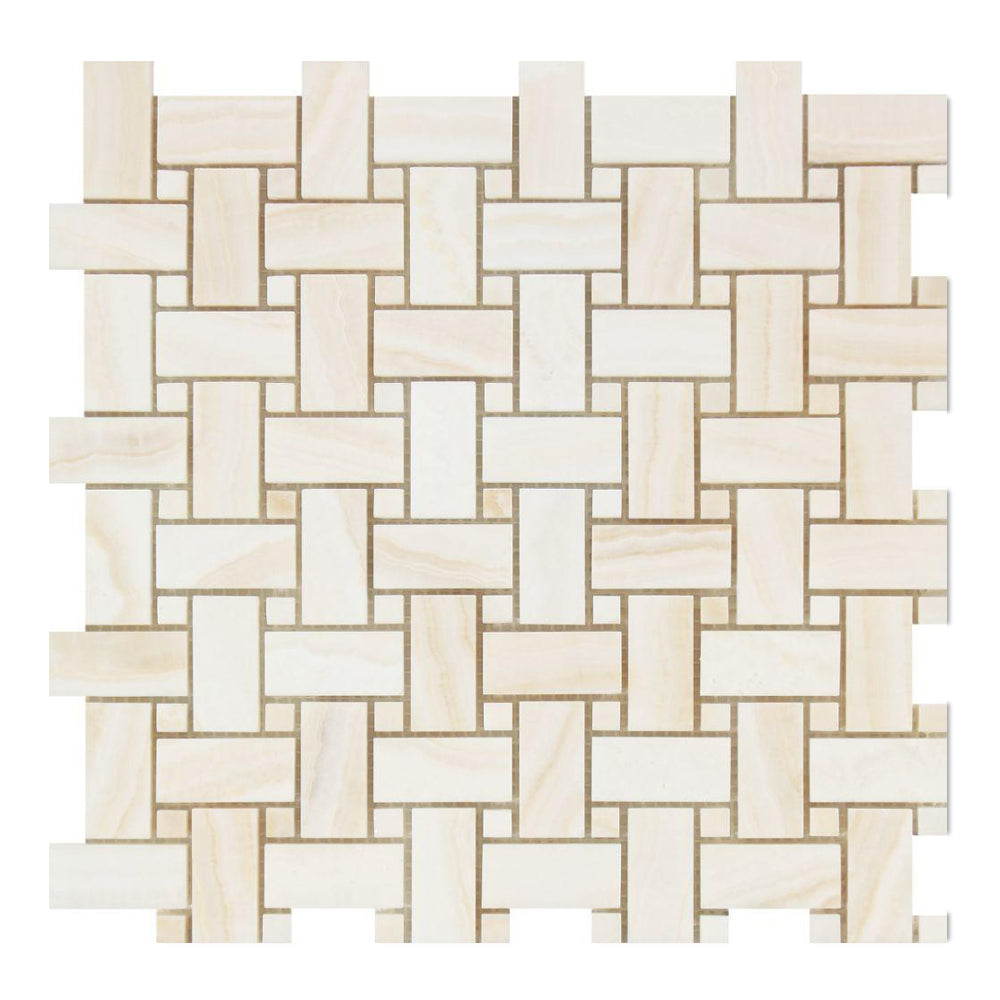 White Vein Cut Onyx Mosaic - Basket Weave with White Onyx Dots Polished