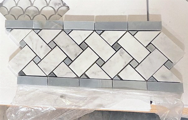 Polished White Carrara Marble Border - 4 3/4" x 12" Basket Weave Border with Gray Dots