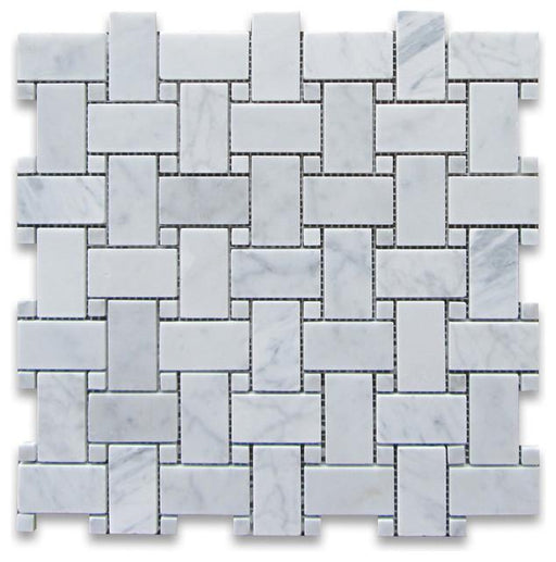 White Carrara Marble Mosaic - Basket Weave with White Dots