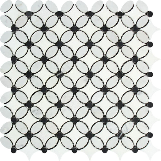 White Carrara Marble Mosaic - Flower with Black Dots Honed 