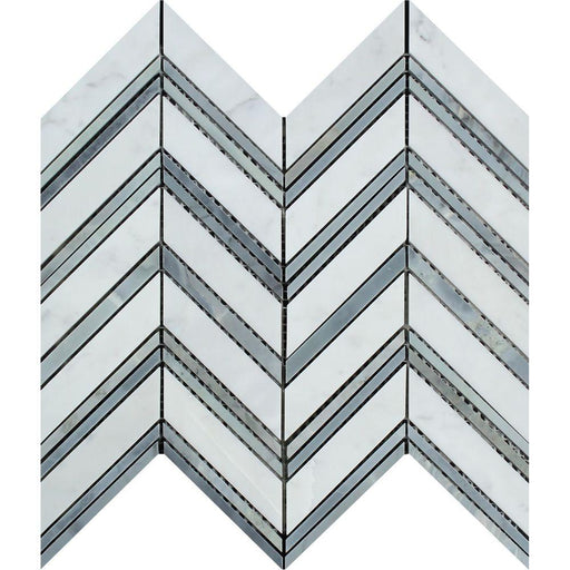 White Carrara Marble Mosaic - Large Chevron with Gray Honed 