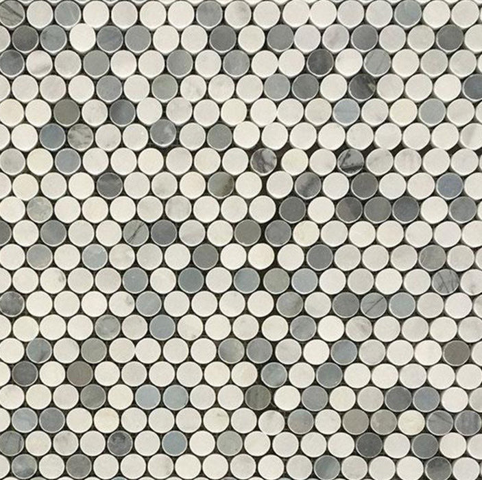 White Carrara Blue Stone Mixed Polished Marble Mosaic - Penny Round