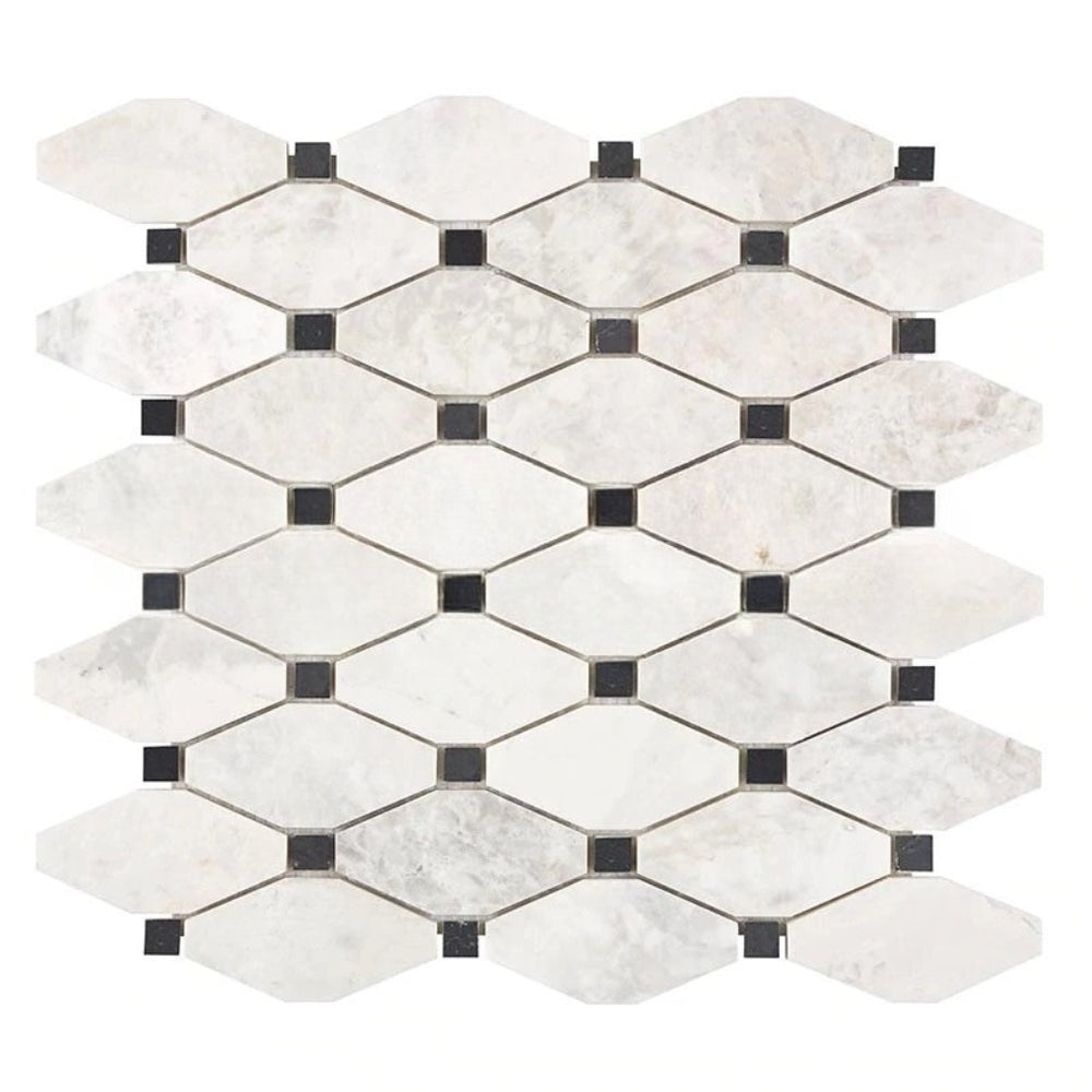 Bianco Congelato Dolomite Mosaic - Elongated Octagon with Black Dots Leather