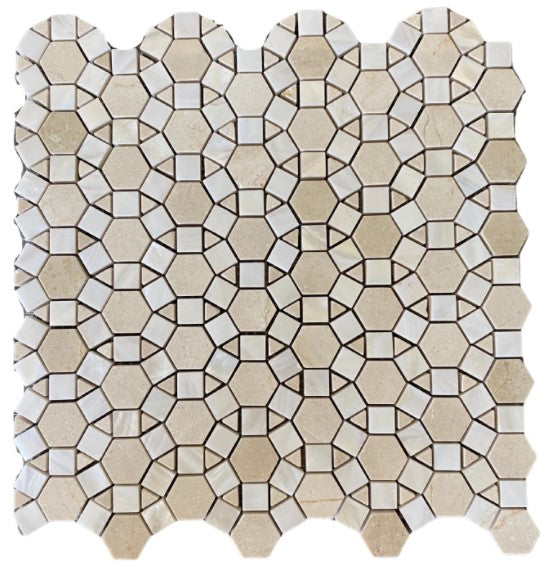 Full Sheet Sample - Crema Marfil with White Shell Bloom Marble Mosaic - 11.5" x 11.75" x 3/8" Polished