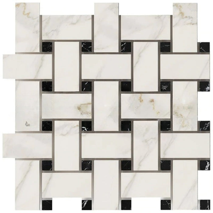 Calacatta Gold Marble Mosaic - Large Basket Weave with Black Dots Polished