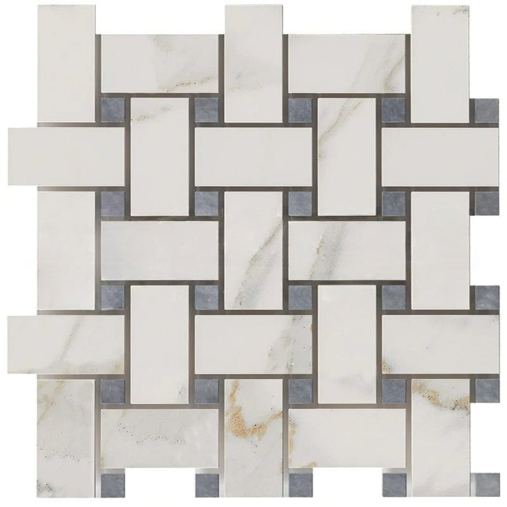 Calacatta Gold Marble Mosaic - Large Basket Weave with Blue/Gray Dots Honed