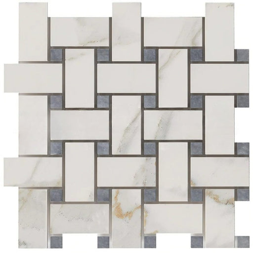 Calacatta Gold Marble Mosaic - Large Basket Weave with Blue/Gray Dots Honed