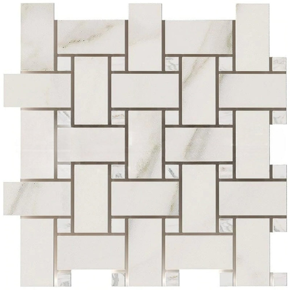 Calacatta Gold Marble Mosaic - Large Basket Weave with Calacatta Gold Dots Honed