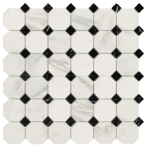 Calacatta Gold Marble Mosaic - Octagon with Black Dots Honed