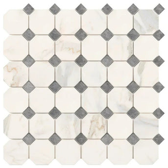 Calacatta Gold Marble Mosaic - Octagon with Blue/Gray Dots Honed