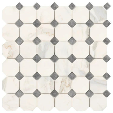Calacatta Gold Marble Mosaic - Octagon with Blue/Gray Dots Honed