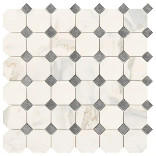 Calacatta Gold Marble Mosaic - Octagon with Blue/Gray Dots Honed