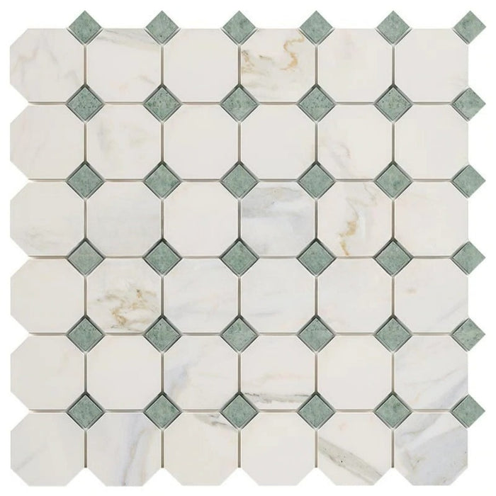Calacatta Gold Marble Mosaic - Octagon with Ming Green Dots Honed