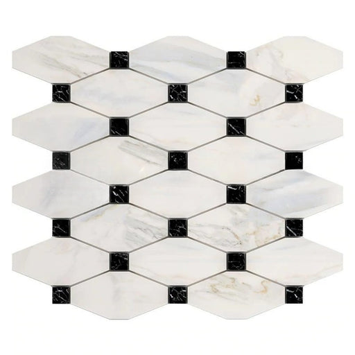 Calacatta Gold Marble Mosaic - Elongated Octagon with Black Dots Honed