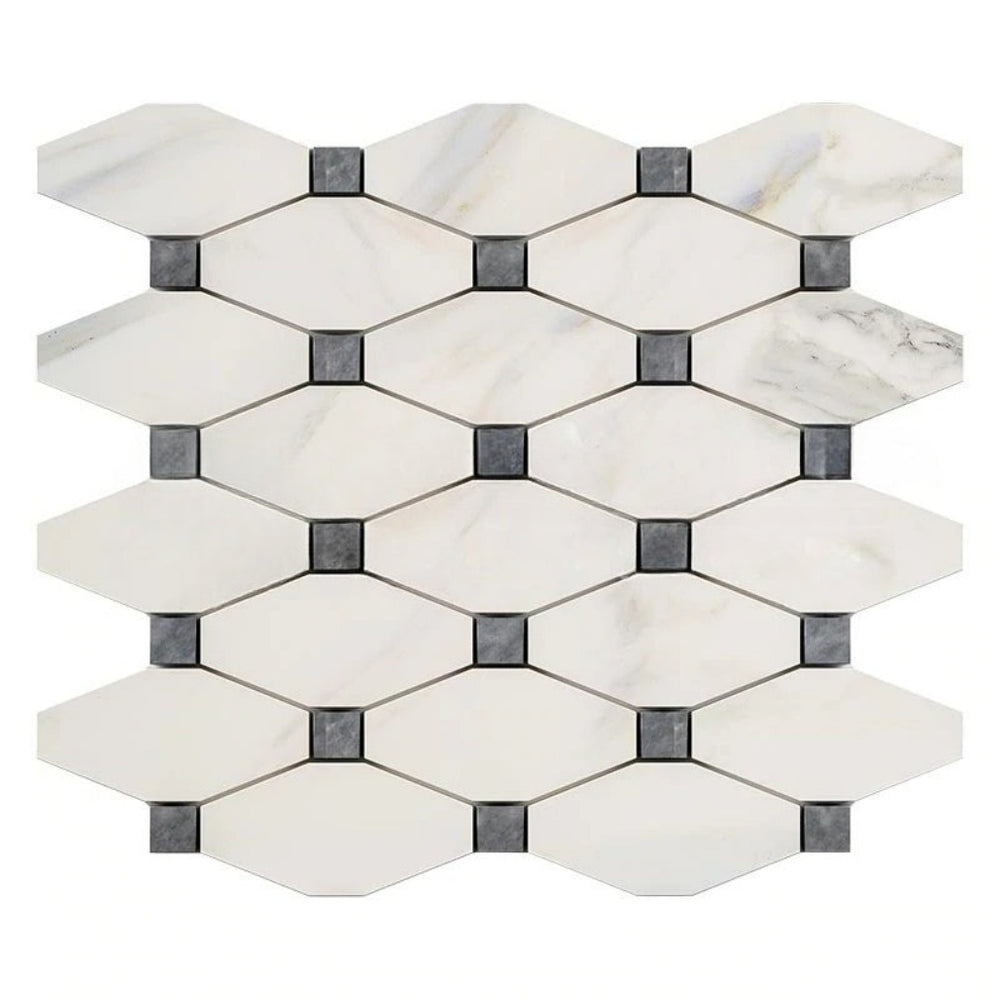 Calacatta Gold Marble Mosaic - Elongated Octagon with Blue/Gray Dots Honed