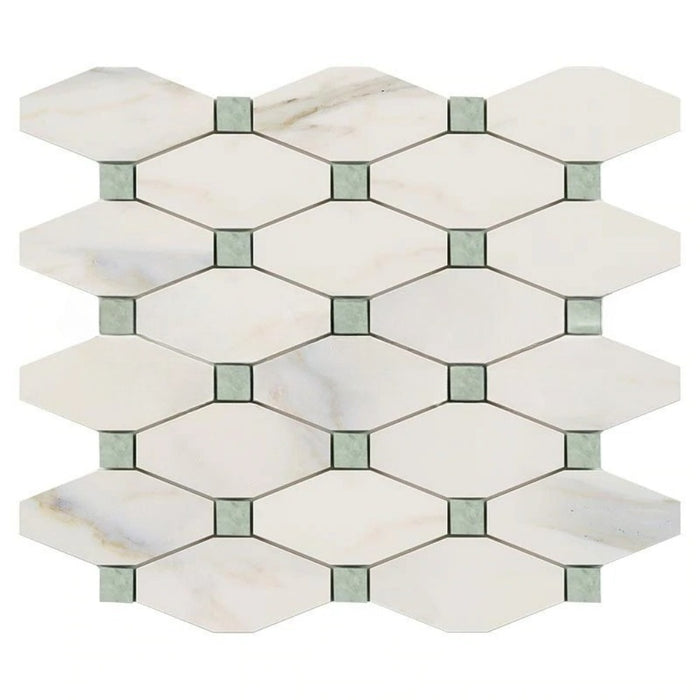 Calacatta Gold Marble Mosaic - Elongated Octagon with Ming Green Dots Honed