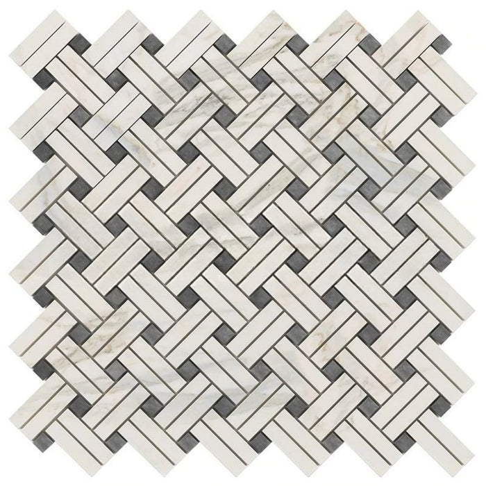 Calacatta Gold Marble Mosaic - Stanza with Blue/Gray Dots Honed