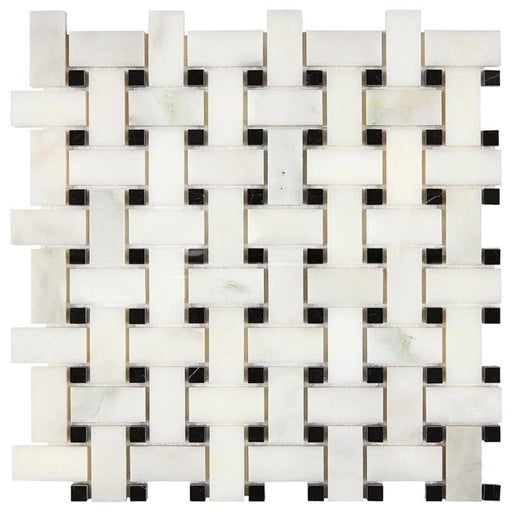 Calacatta Oliva Marble Mosaic - Basket Weave with Black Dots