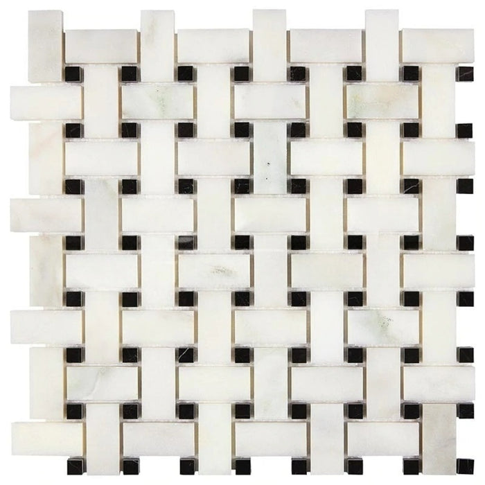 Calacatta Oliva Marble Mosaic - Basket Weave with Black Dots