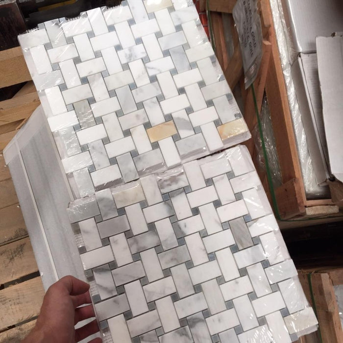 Polished Calacatta Gold Marble Mosaic - Basket Weave with Gray Dots