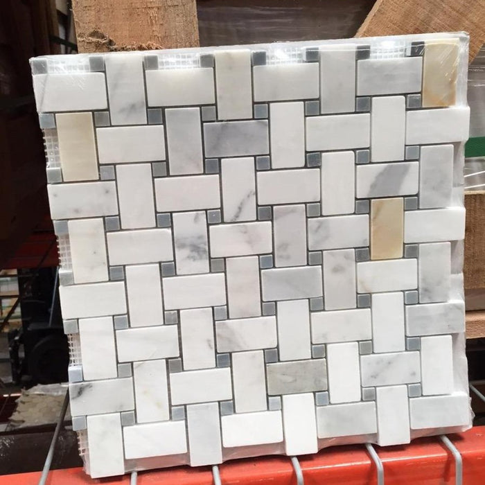 Calacatta Gold Polished Marble Mosaic - Basket Weave with Gray Dots