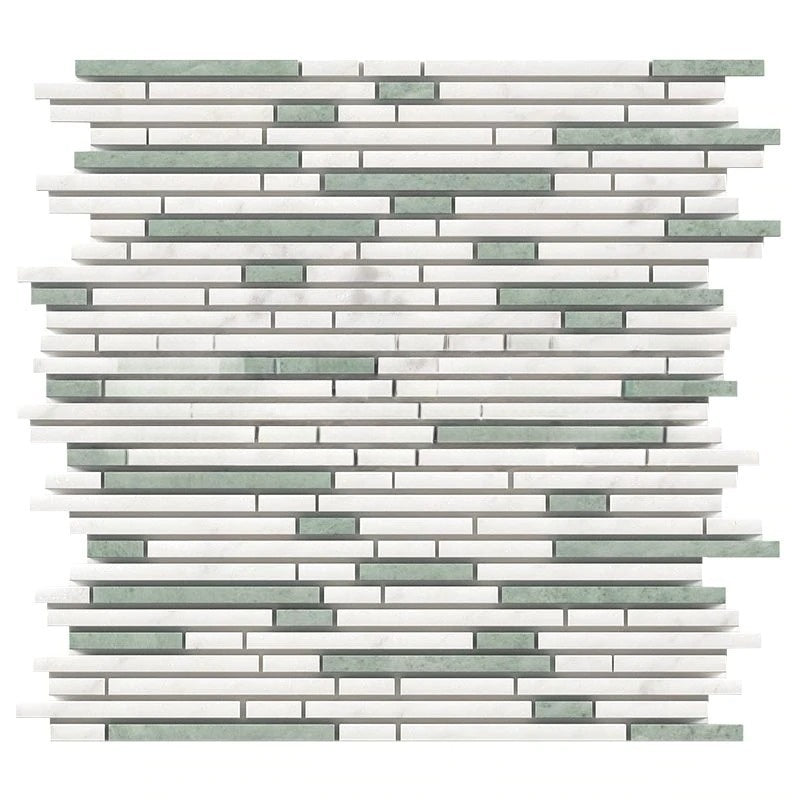 White Carrara Marble Mosaic - Bamboo Sticks with Thassos & Ming Green Honed